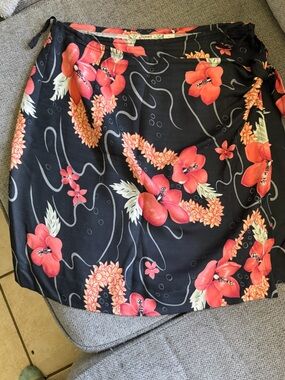 Tommy Bahama Black Floral Mini Skirt with Coral Hibiscus Print